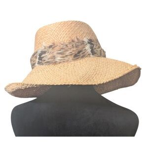 Vintage Woven Straw Bucket Hat Pheasant Feather Band Boho Mid Century Sun Hat